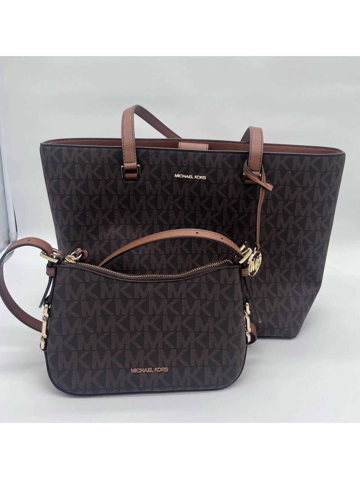 Michael Kors Signature Brown Large Tote & Matching Crossbody 2pc Handbag Set